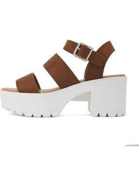 Women's Cognac Suede Two Bands Lug Sole Open Toe Adjustable Heel Sandal Shoes